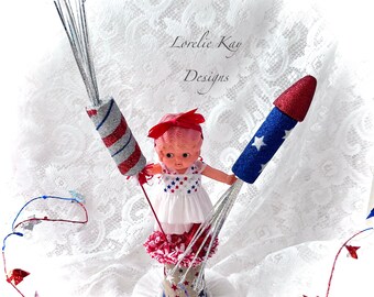 Your a Firework 4th Of July Kewpie Doll Decoration Doll 4th of July Assemblage Art Doll Red White Blue Patriotic Doll Lorelie Kay Original