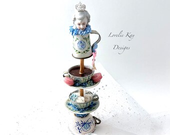 Tea With Marie Tea Party Tower Art Doll Whimsical Tea Theme Mixed Media Assemblage  Sculpture Doll Lorelie Kay Designs