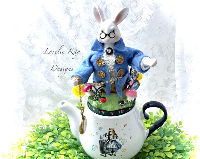 White Rabbit Teapot Alice in Wonderland Tea Party Assemblage Art Doll ...