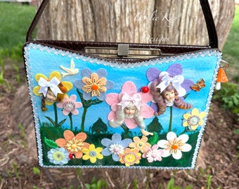 Happy Flowers Handbag Anthropomorphic Flower Girls Purse Hand Painted One-of-a-Kind Mixed Media Art Purse