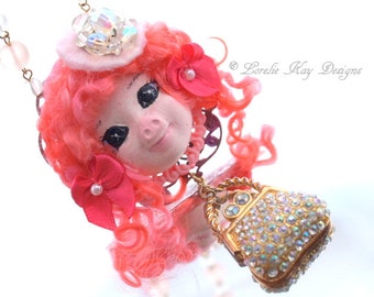 This Piggy Went Shopping!  Necklace Missy Piggy Pendant Girl  Pig Doll Anthropomorphic Hand Painted Doll Face  Lorelie Kay Original