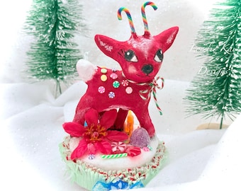 Retro Red Candy Deer Spun Cotton Christmas Winter Decoration Lorelie Kay Original