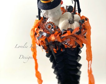 Large Halloween Cone Ornament Vintage Inspired Whimsical Art Doll Halloween or  Feather Tree Ornament Decoration Lorelie Kay Original