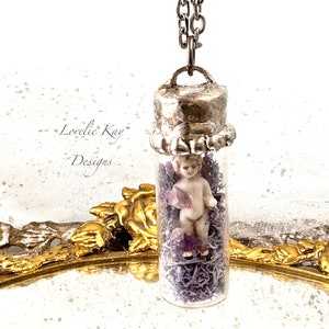 Natures Healing Frozen Charlotte Necklace Gemstone Bottle Raw Amethyst Stone Soldered Doll in Bottle Necklace Lorelie Kay Designs Original