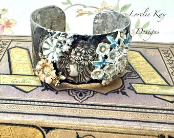 Flower Child Bracelet Soldered Cuff Floral Art Nouveau Woman Face Statement Bracelet
