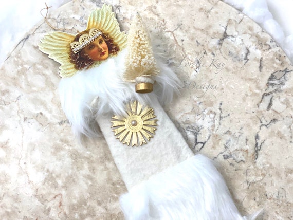 Ornement ange vintage fait main en coton bleu et or pour