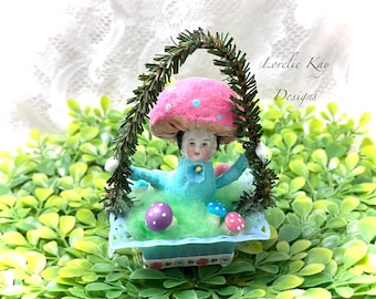 Spun Cotton Mushroom Girl Art Doll Ornament  Decoration China Head Doll Lorelie Kay Original