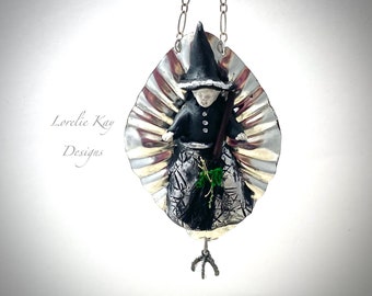 Miniature Witch Necklace Wearable Art Doll Miniature Witch Sculpture Halloween Pendant or Ornament