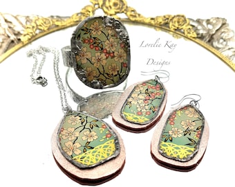 Cherry Blossoms Matching Set Tin & Leather Necklace Earrings Bracelet Parure  Necklace Lorelie Kay Designs