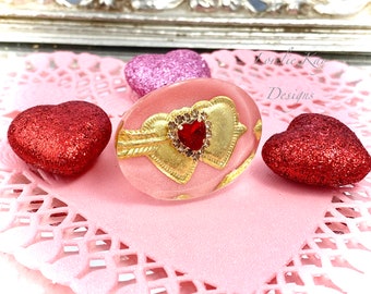 Two Hearts Valentine Ring Cast Resin Gold Hearts & Arrow  Ring Lorelie Kay Original