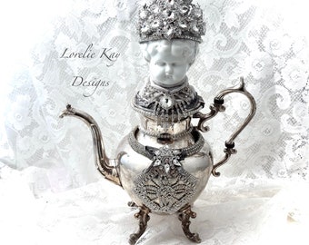 BIG Queen Teapot Art Doll Shabby Bling Rhinestones OOAK Crown Art Doll Lorelie Kay Orginal