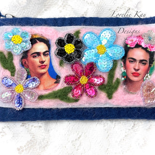 Frida  Kahlo  Zipper Pouch Needle Felted Sequin Flowers Wool Make-up Coin Purse Jewelry Bag Lorelie Kay Original