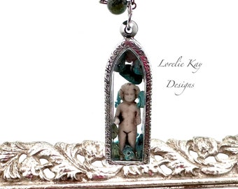 Balancing Act  Frozen Charlotte Doll Necklace Turquoise Lorelie Kay Original Amulet Dome Pendant