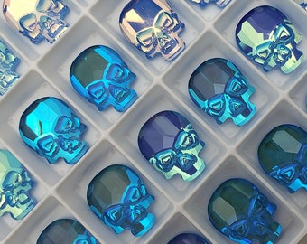 Pair Brilliance Austrian Crystal Skull Flat Back Flatback Ultra Blue AB Alien Science Fiction Sci Fi Two Bright Shimmer Sky Dark Teal Aqua