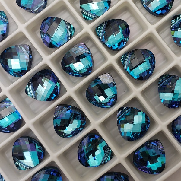 Four (4) Swarovski Crystal Flat Briolette 6012 Aquamarine Vitrail Light Rare Custom Coated 11x10mm Purple Violet Lilac Aqua Blue Teardrop