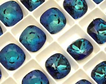 Four (4) Swarovski Crystal Fancy Square Stone 4470 Bermuda Blue Rare Custom Coated 12mm 10mm Cobalt Ocean Sapphire Mermaid Beach Wedding