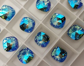 Four (4) Austrian Crystal Fancy Rose Cut Cushion Stone 4471 Aquamarine Glacier Rare Custom Coated 12mm Bright Lt Teal Aqua Pacific Ocean