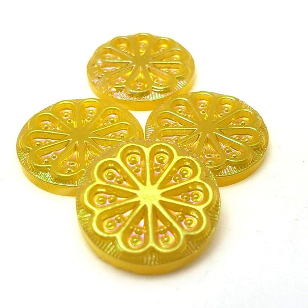 ONE (1) Pressed Glass Citrus Flower Cabochon Cab Canary Silk Yellow Glimmer Rare Custom Coated 18mm Round Flat Back Lemon Shimmer