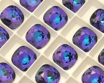 Four (4) Swarovski Crystal Fancy Square Stone 4470 Heliotrope Purple Rare Custom Coated 12mm 10mm Violet Amethyst Orchid Plum Cobalt Blue