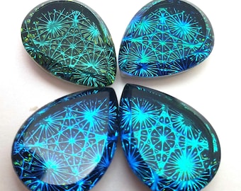 ONE (1) Pressed Glass Spider Web Kaleidoscope Cabochon Cab Aqua Green Sphinx Rare Custom Coated 18mm 18x13mm Blue Shimmer Pointed Teardrop