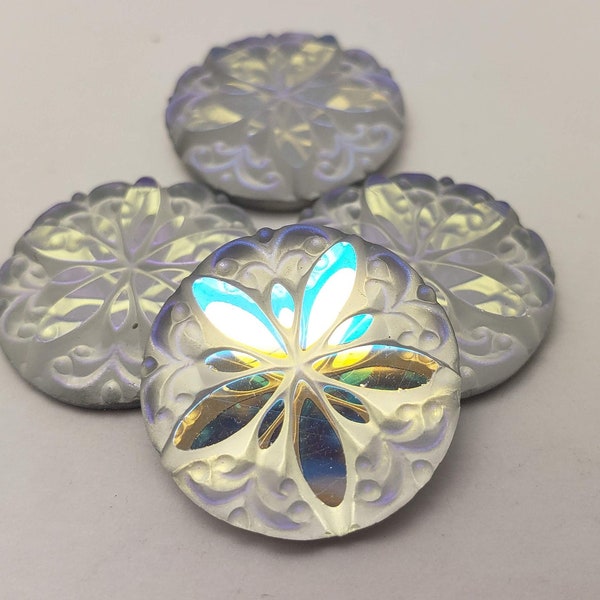 ONE (1) Pressed Glass Sand Dollar Cabochon Cab Aurora Borealis AB Boreale Rare Custom Coated 18mm Metallic Shimmer Pointed Coin Mermaid