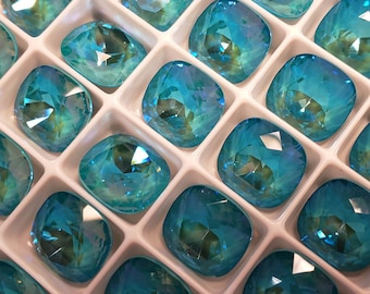 Four (4) Austrian Crystal Fancy Square Stone 4470 Laguna DeLite Rare Custom Coated 12mm 10mm Bright Green Teal Turquoise Aqua Pacific Ocean