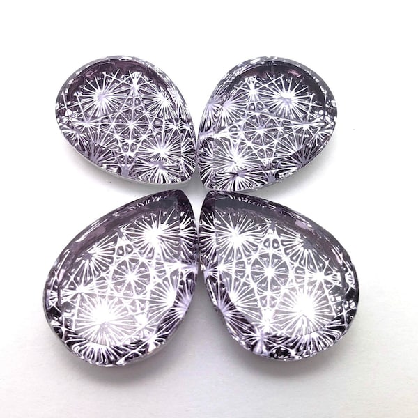 ONE (1) Pressed Glass Spider Web Kaleidoscope Cabochon Cab Viola Purple Rare Custom Coated 18mm 18x13mm Lavender Shimmer Pointed Teardrop