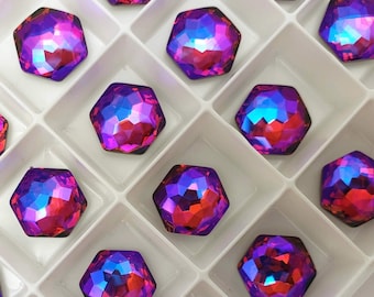 TWO (2) Austrian Crystal Fantasy Hexagon Stone Hex 4683 10mm 12mm 14mm Scarlet Glacier Blue AB Rare Octagon Pink Red Faceted Violet Rainbow