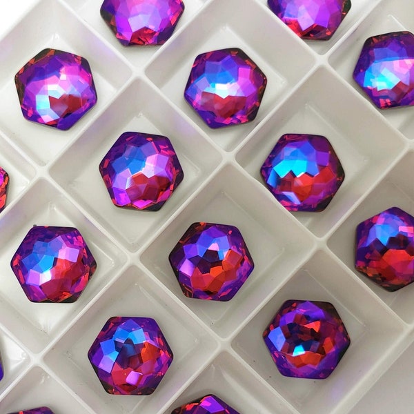 TWO (2) Austrian Crystal Fantasy Hexagon Stone Hex 4683 10mm 12mm 14mm Scarlet Glacier Blue AB Rare Octagon Pink Red Faceted Violet Rainbow
