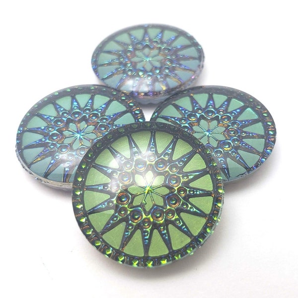 ONE (1) Pressed Glass Compass Rose Cabochon Cab Green Sphinx 1/2 Matte Rare Coated 18mm Green Purple Blue Shimmer Pointed Circlet Star Moon