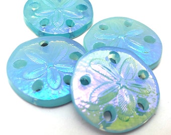 EINE (1) Gepresste Glas Sand Dollar Cabochon Cab Anhänger Ozean Opal Gletscher Blau Aquamarin Seltene 18mm Metallic Schimmer Schatz Münze Meerjungfrau