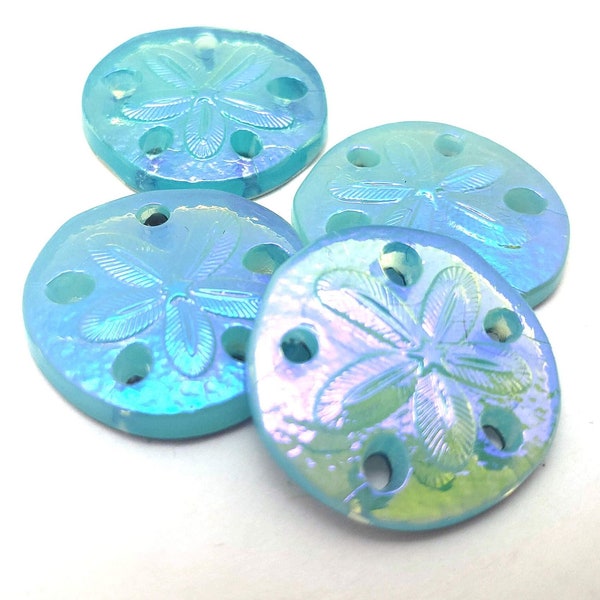 ONE (1) Pressed Glass Sand Dollar Cabochon Cab Pendant Ocean Opal Glacier Blue Aquamarine Rare 18mm Metallic Shimmer Treasure Coin Mermaid