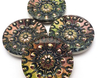 ONE (1) Pressed Glass Rosette Round Doublet Rivoli Cabochon Cab Tabac Green Pink Rare Custom Coated 25mm 35mm Brown Bronze Bubble Rose Puce