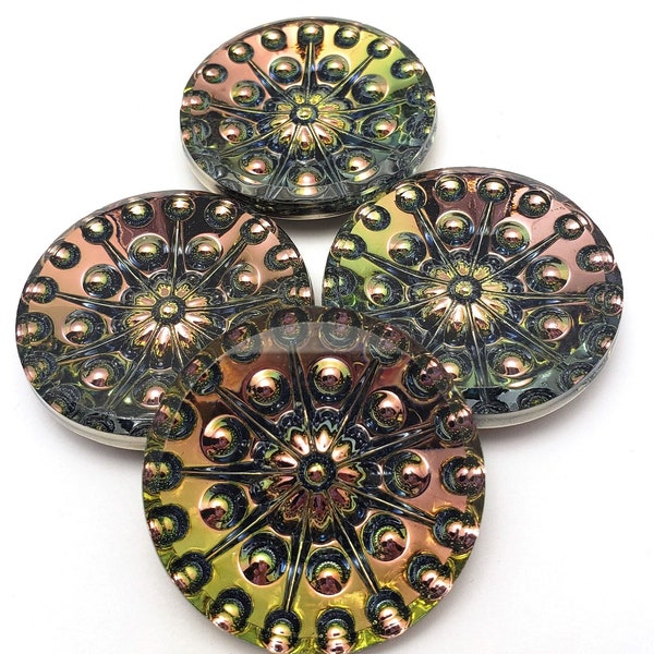 ONE (1) Pressed Glass Rosette Round Doublet Rivoli Cabochon Cab Tabac Green Pink Rare Custom Coated 25mm 35mm Brown Bronze Bubble Rose Puce