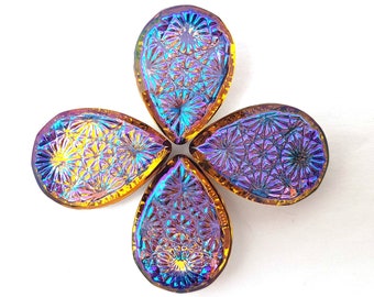 ONE (1) Pressed Glass Spider Web Kaleidoscope Cabochon Lt Topaz Yellow Purple Glacier Rare Custom Coated 18x13mm 25x18mm Fuchsia Teardrop