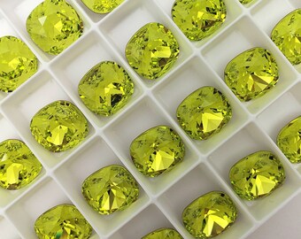 Four (4) Austrian Crystal Fancy Square Stone 4470 Citrus Green Rare Custom Coated 10mmm 12mm Bold Bright Sparkling Lime Lemon Luminous Neon