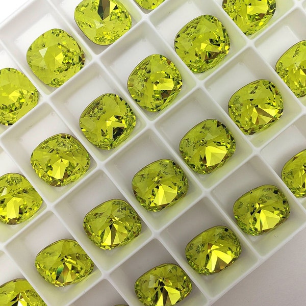 Four (4) Austrian Crystal Fancy Square Stone 4470 Citrus Green Rare Custom Coated 10mmm 12mm Bold Bright Sparkling Lime Lemon Luminous Neon