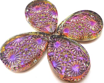 ONE (1) Pressed Glass Spider Web Kaleidoscope Teardrop Cabochon 18x13mm 25x18mm Volcano Pink Purple Orange Coated Fuchsia Rainbow Shimmer