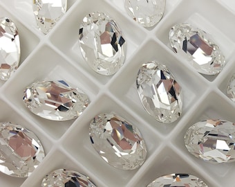 TWO (2) Swarovski Crystal Fancy Oval Stone 4120 14x10mm 18x13mm Clear Foiled Rare Faceted Light Pair Pointed Back Opaque Shimmer Sparkle