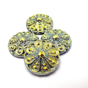 Golden Sahara German Glass Filigran Floral Cabachon Cab 22.5mm Jet Gold Bronze Blau Grün Metallic Art Deco Viktorianischer Knopf Neon Bright