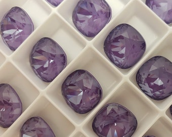 Four (4) Austrian Crystal Fancy Square Stone 4470 Purple Ignite Ultra Rare Custom Coated 10mm 12mm Pale Light Grape Aubergine Lilac Orchid