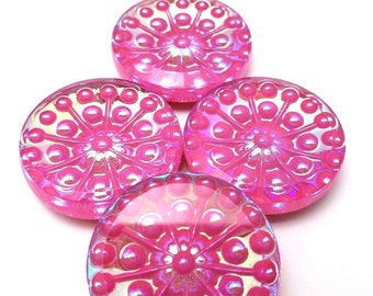 ONE (1) Pressed Glass Rosette Round Doublet Rivoli Cabochon Cab Ultra AB Raspberry Pink Neon Viva Magenta Hot 25mm 35mm Cerise Glo Bubble