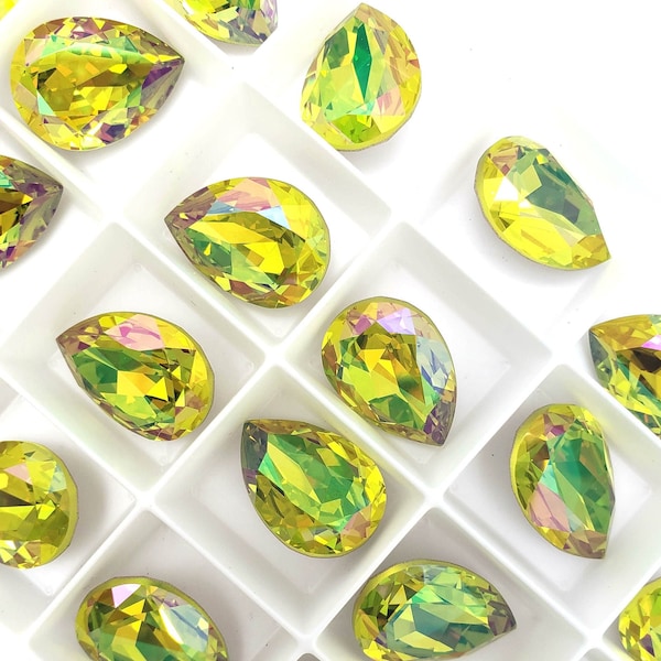 PAIR (2) Austrian Crystal Fancy Pear Stone 4320 Citrus Green Glimmer Custom Coated 18x13mm Bold Bright Sparkling Lime Lemon Luminous Tear