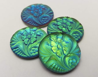 ONE (1) Pressed Glass Brocade Flower Cabochon Cab Green Sphinx Rare Custom Coated 18mm Metallic Matte Lime Blue Green Shimmer Floral Coin