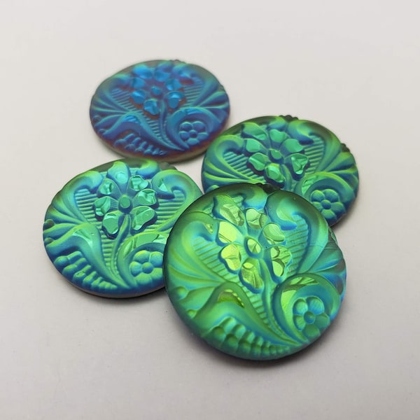 ONE (1) Pressed Glass Brocade Flower Cabochon Cab Green Sphinx Rare Custom Coated 18mm Metallic Matte Lime Blue Green Shimmer Floral Coin