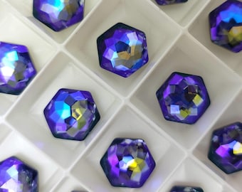 TWO (2) Austrian Crystal Fantasy Hexagon Stone Hex 4683 10mm 12mm 14mm Tanzanite Glacier Blue AB Rare Octagon Purple Faceted Violet Gray