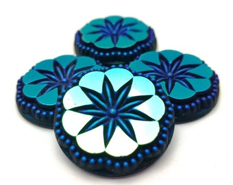 ONE (1) Pressed Glass Flower Button Cabochon Cab JET Glacier Blue Mirrored Custom Coated 22.5mm Scalloped Etched Star Indigo Cobalt Navy