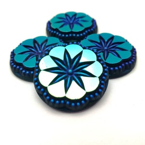 ONE (1) Pressed Glass Flower Button Cabochon Cab JET Glacier Blue Mirrored Custom Coated 22.5mm Scalloped Etched Star Indigo Cobalt Navy