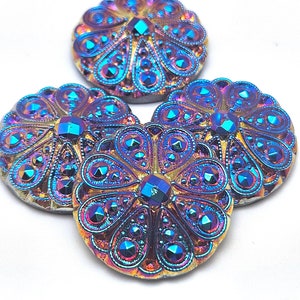 Cabochon floral en filigrane de verre bleu des Bermudes, cabine 22,5 mm Jet Glacier, marine royale, pirate nautique, bouton victorien, néon, rose cyan vif