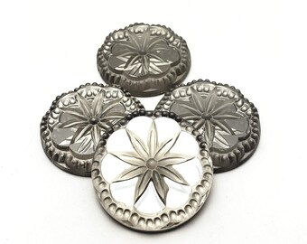ONE (1) Pressed Glass Blossom Compass Rose Cabochon Cab Luster D Silver Gray Grey Rare Custom Coated 22.5mm Metallic Shimmer Pointed Coin